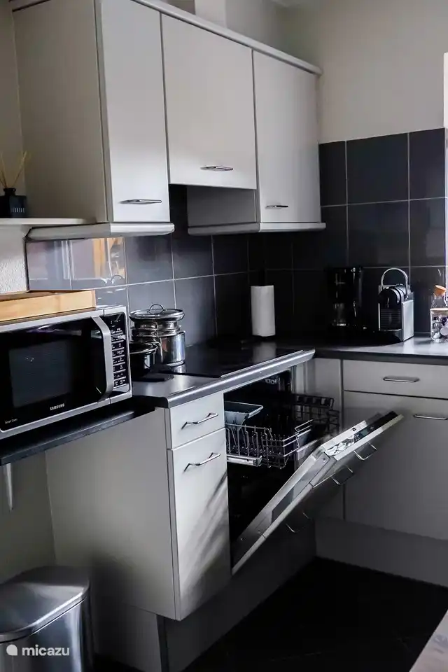 Cuisine avec lave-vaisselle, réfrigérateur, cafetière, grille-pain, bouilloire, mixeur et micro-ondes combiné.