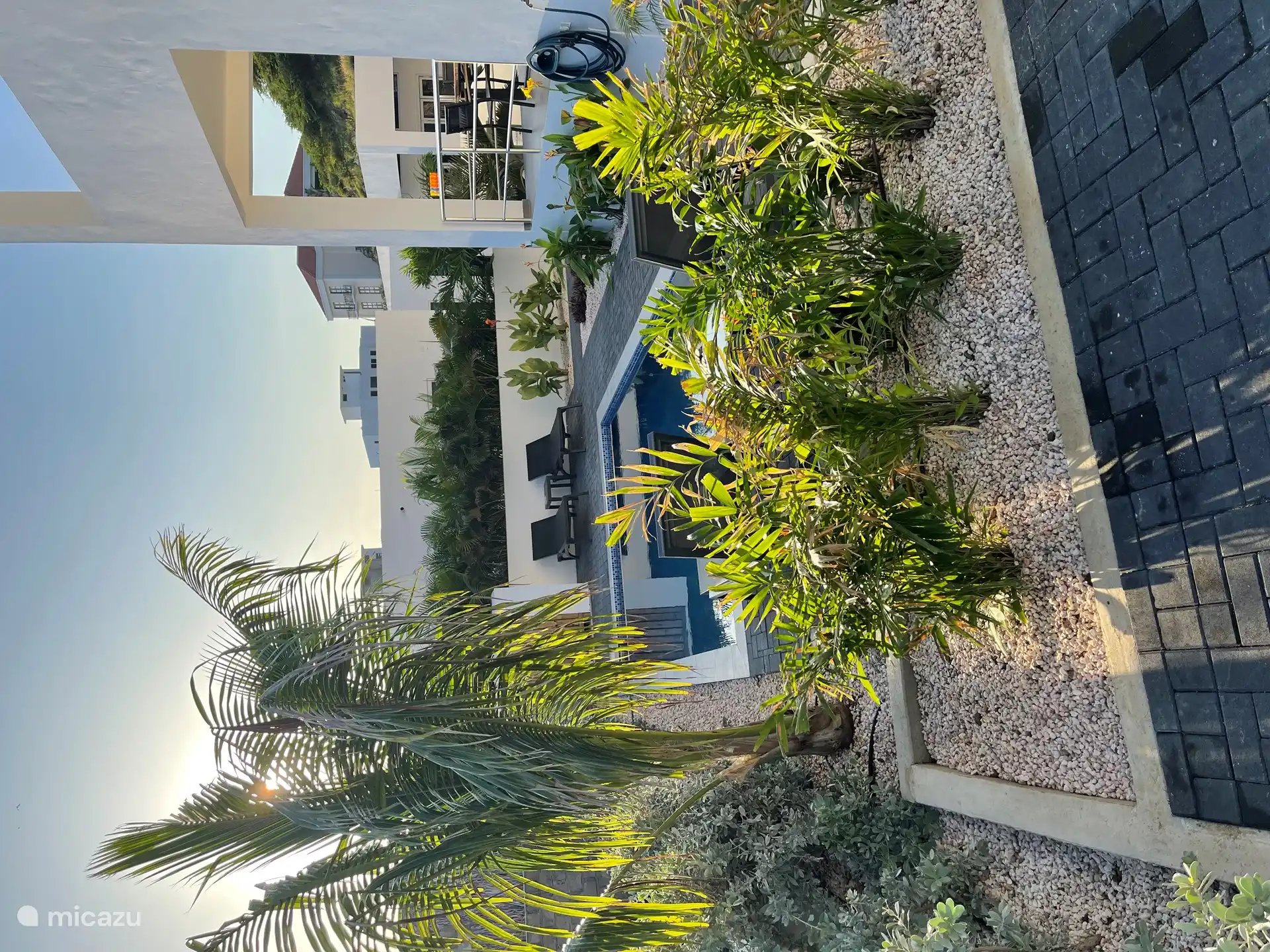 Garden with private pool and 4 sunbeds and outdoor shower