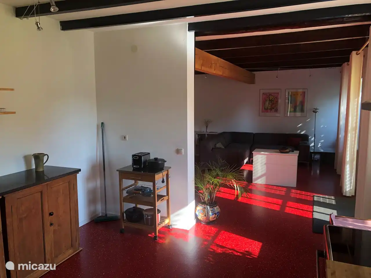 View of the living area from the well-equipped kitchen of holiday home De Kastanje