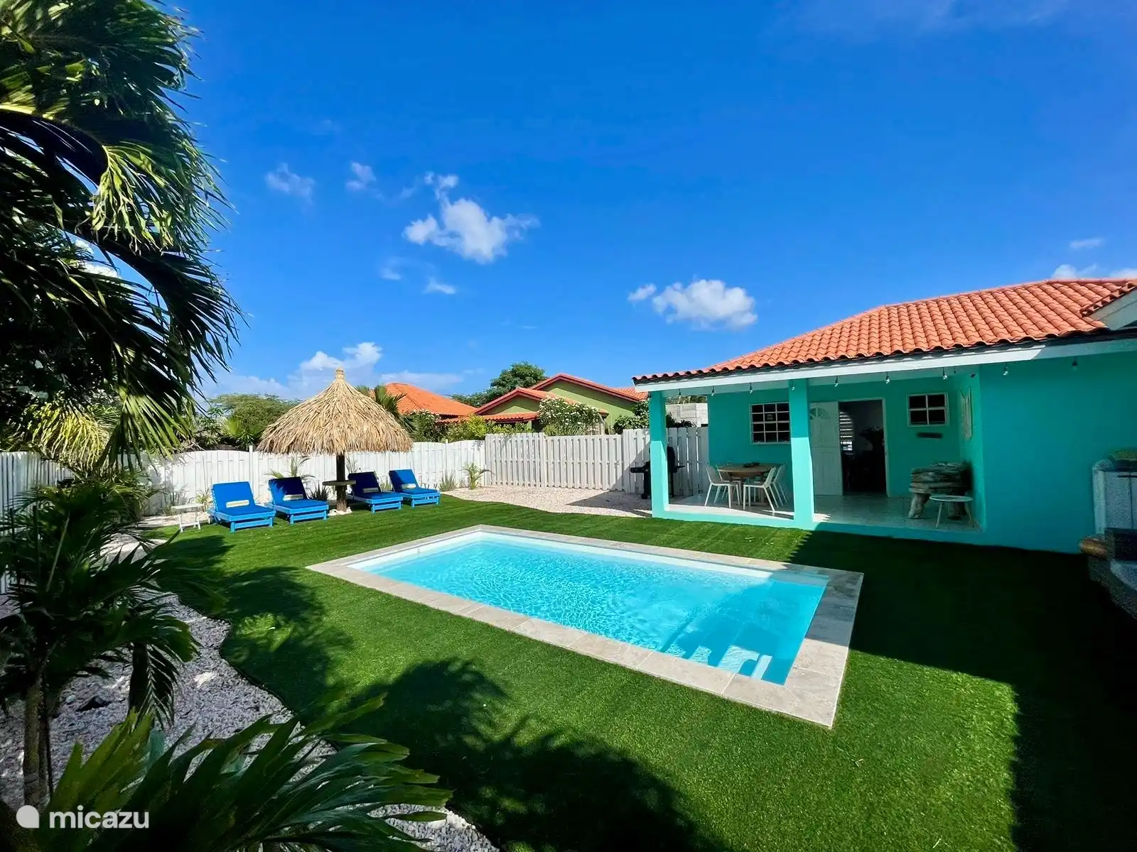 De complete achtertuin met uitzicht op het zwembad