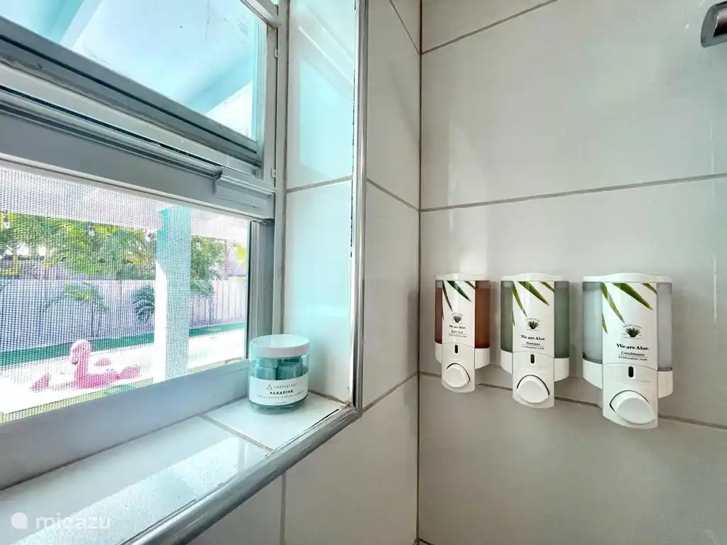 Lokale producten van de Aloë Vera Aruba farm. Douchegel, shampoo, conditioner en suikerscrub.