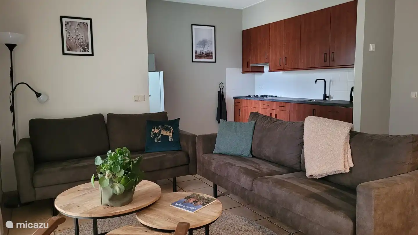 Séjour, séjour cuisine. Avec grand réfrigérateur/congélateur, lave-vaisselle, micro-ondes combiné, cafetière et bouilloire.