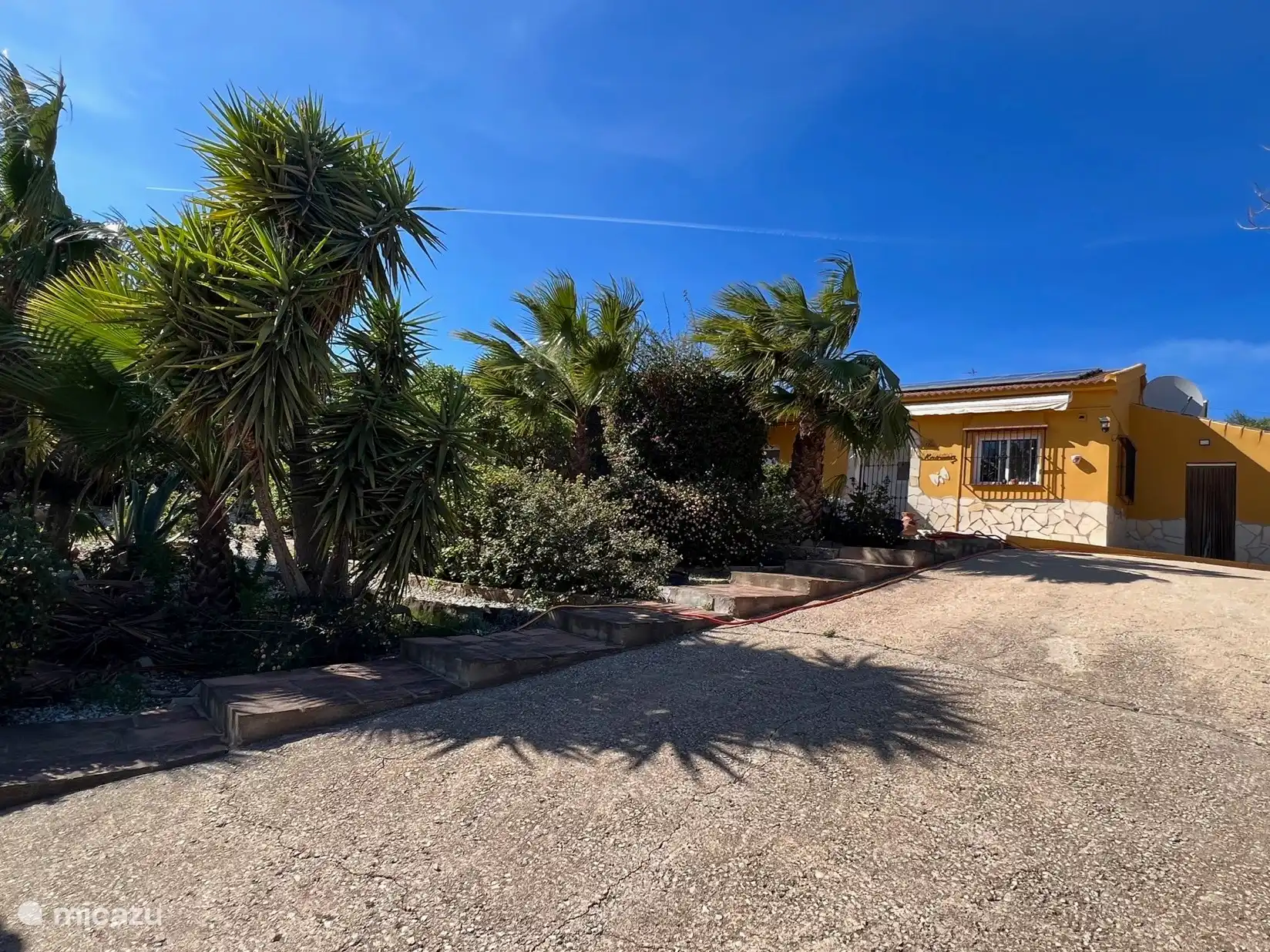 Vorderseite des Hauses mit großer Einfahrt und Carport und Blick auf den schönen Garten