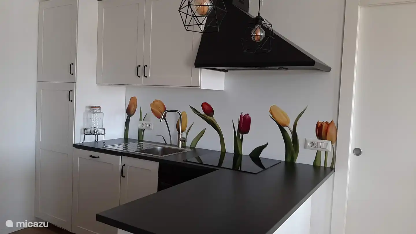 The L-shaped kitchen, from behind the small bar / island you look at the living room and dining table