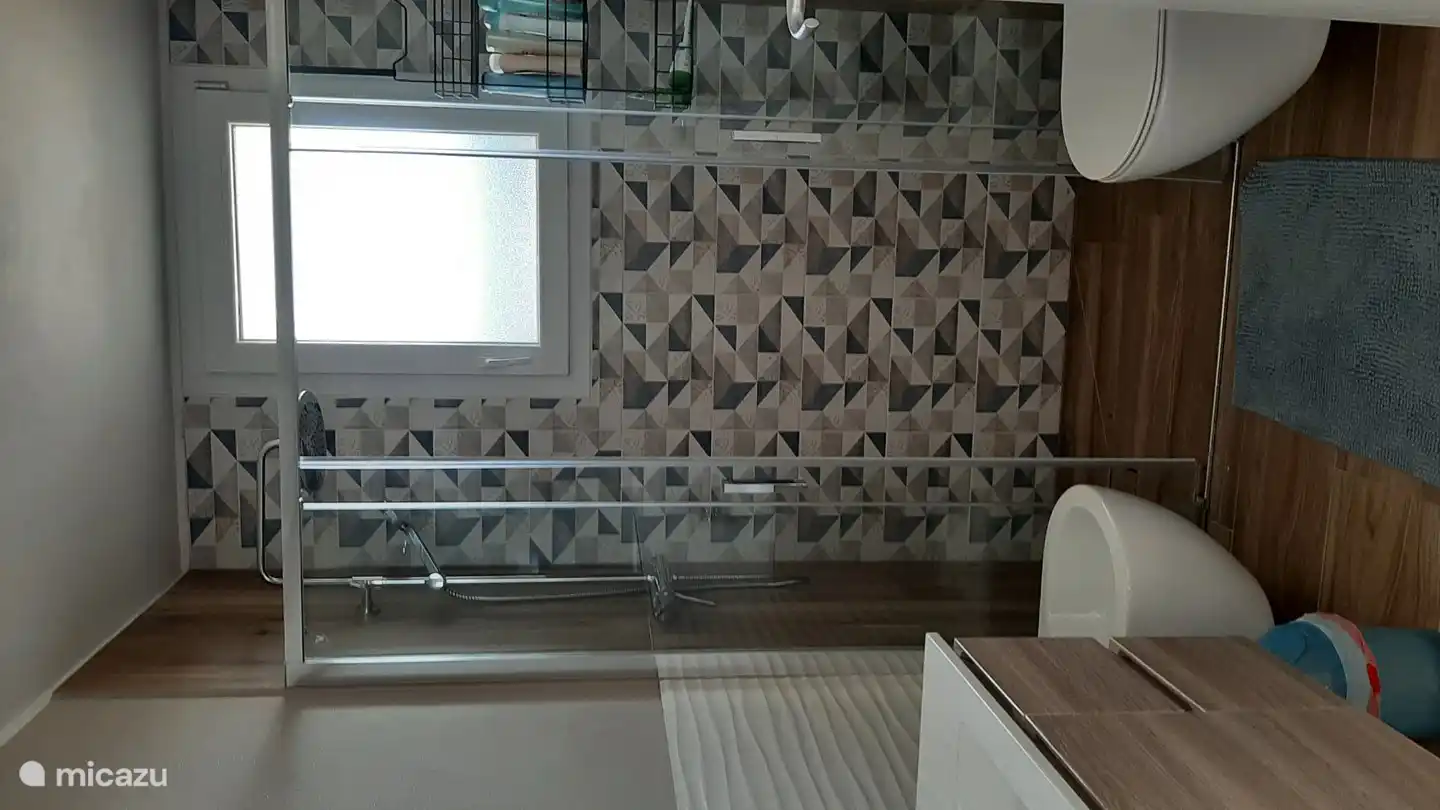 The bathroom has a spacious shower over the entire width and also has a window. The toilet on the right and the bidet on the left. there is another washbasin with furniture and an illuminated mirror