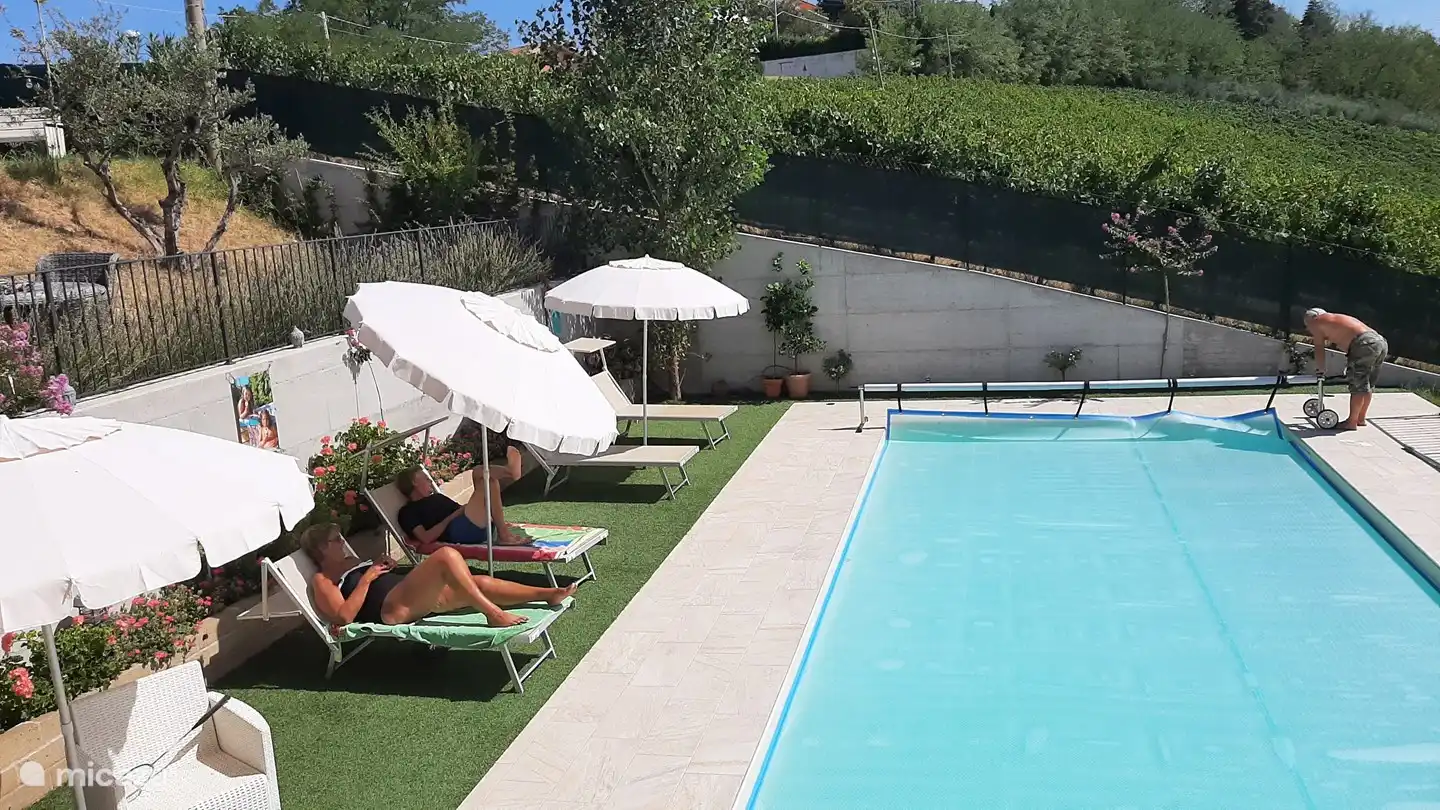 In the background you can see the vines. on the left is a small sunbathing area with beach beds and 3 umbrellas. the pool can be lit in the evening and can be heated. The water is cleaned by means of salt hydrolysis, so chlorine free.
