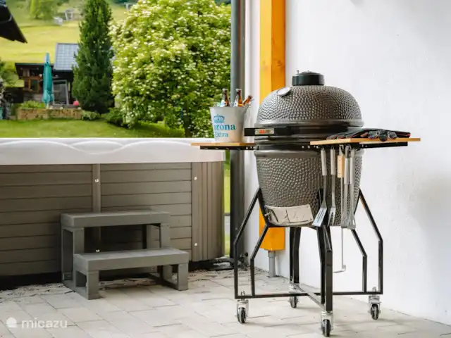 Burbuja en las pistas en Austria, Carintia, Kötschach-Mauthen - chalet BBQ sobre el huevo verde.