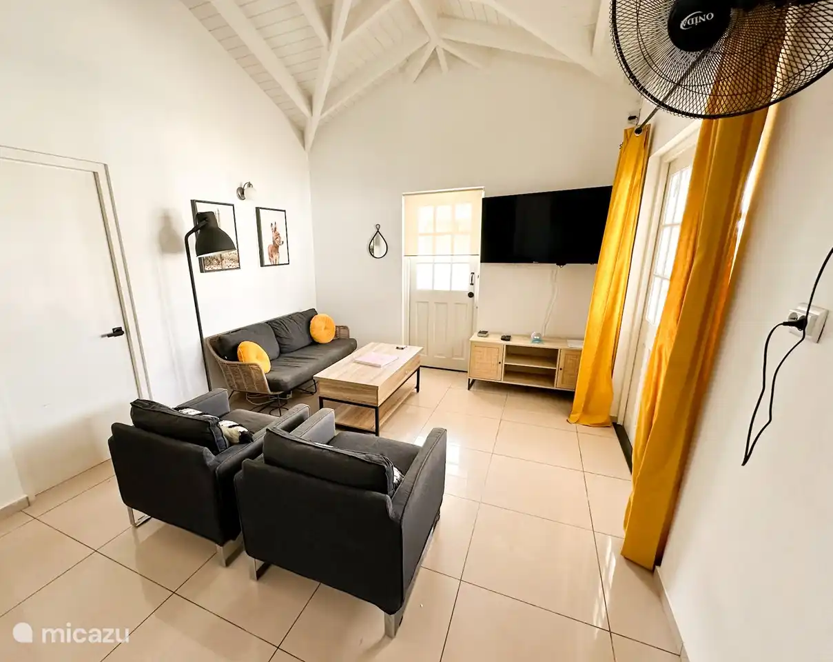 Living room with smart tv with Roku, coffee table that lifts up into a table. Perfect for a quick meal, or working remotely.