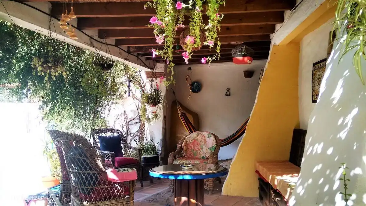 Die schattige Terrasse mit Hängematte und echten Korbmöbeln