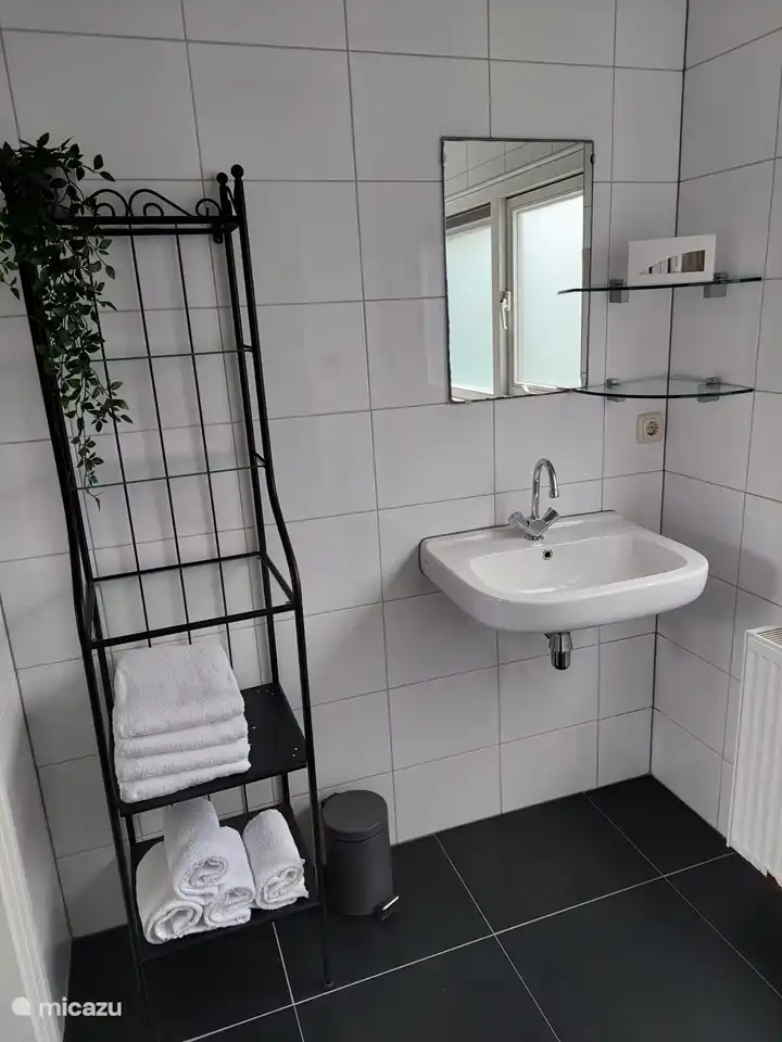 Badezimmer mit Dusche, Waschbecken, Waschmaschine und Handtuchset pro Person.
