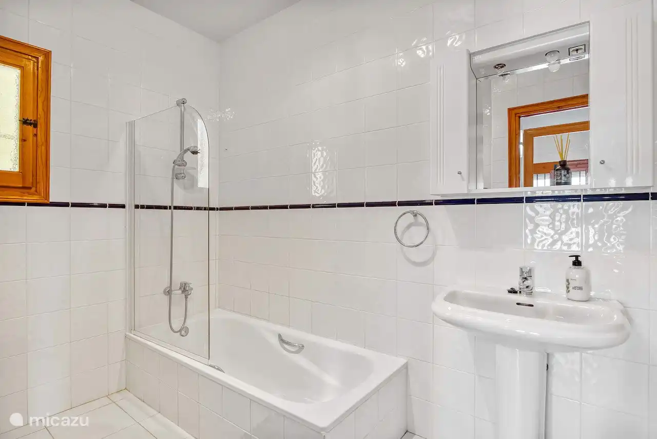 Badezimmer mit Badewanne, Dusche, Waschbecken und WC