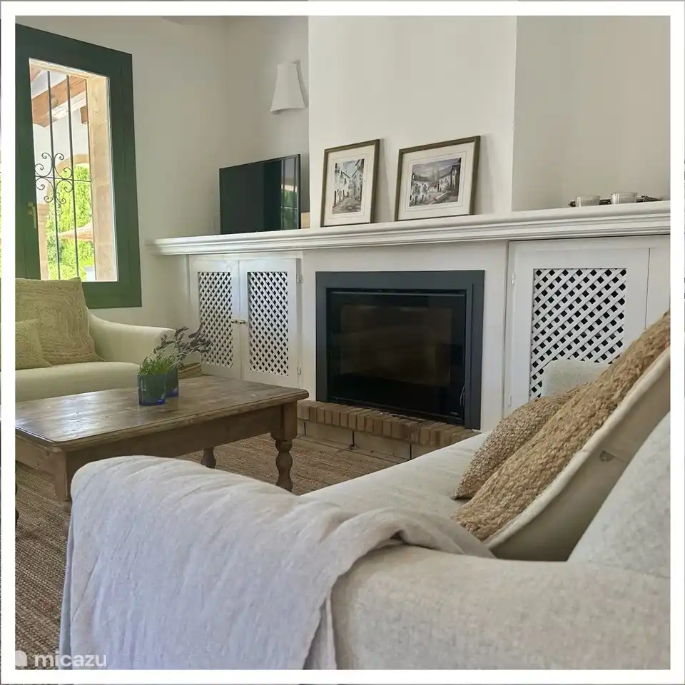 Salón con chimenea de leña