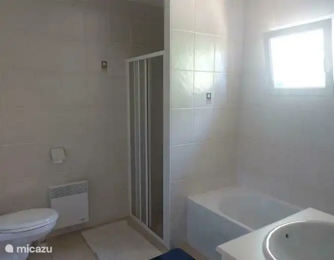 Toilette und Bad und Dusche in einem Raum, der mit dem Schlafzimmer verbunden ist