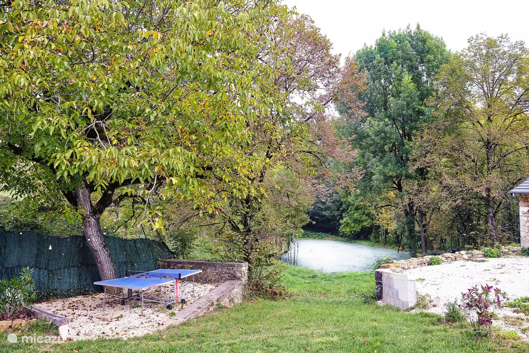 Garten mit Tischtennisplatte und Teich