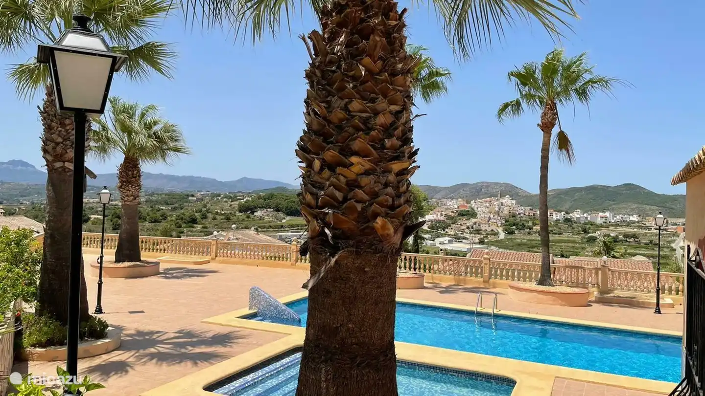Der schöne Swimmingpool mit Palmen spendet Schatten