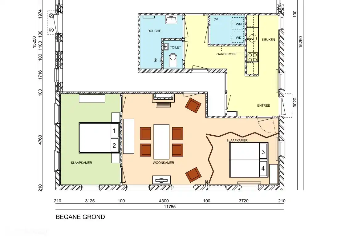 Plan d'étage avec 2 couchages dans la chambre et 2 couchages dans le salon à l'aide de paravents
