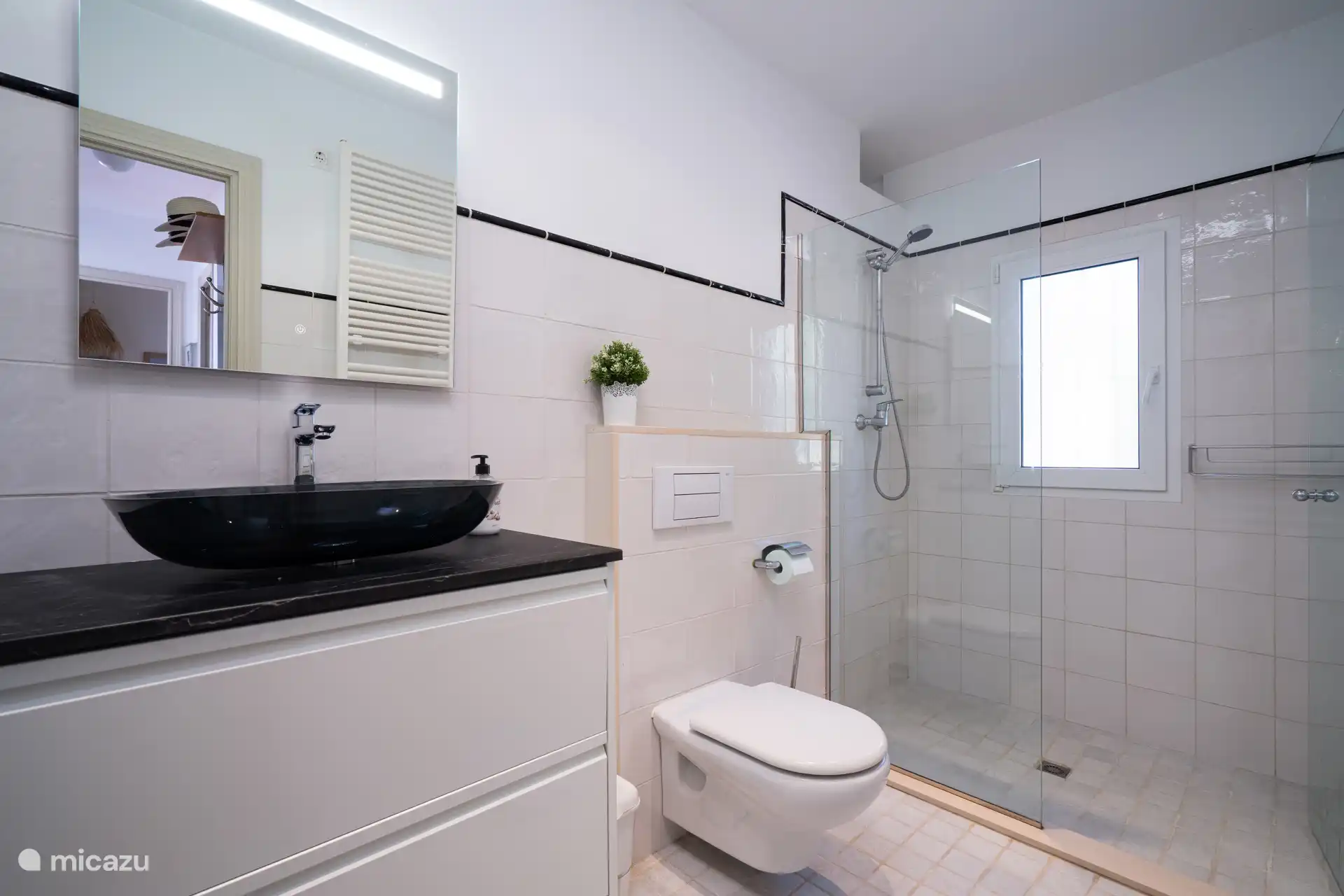 Badkamer van Villa Alicia met inloopdouche, toilet en wastafel