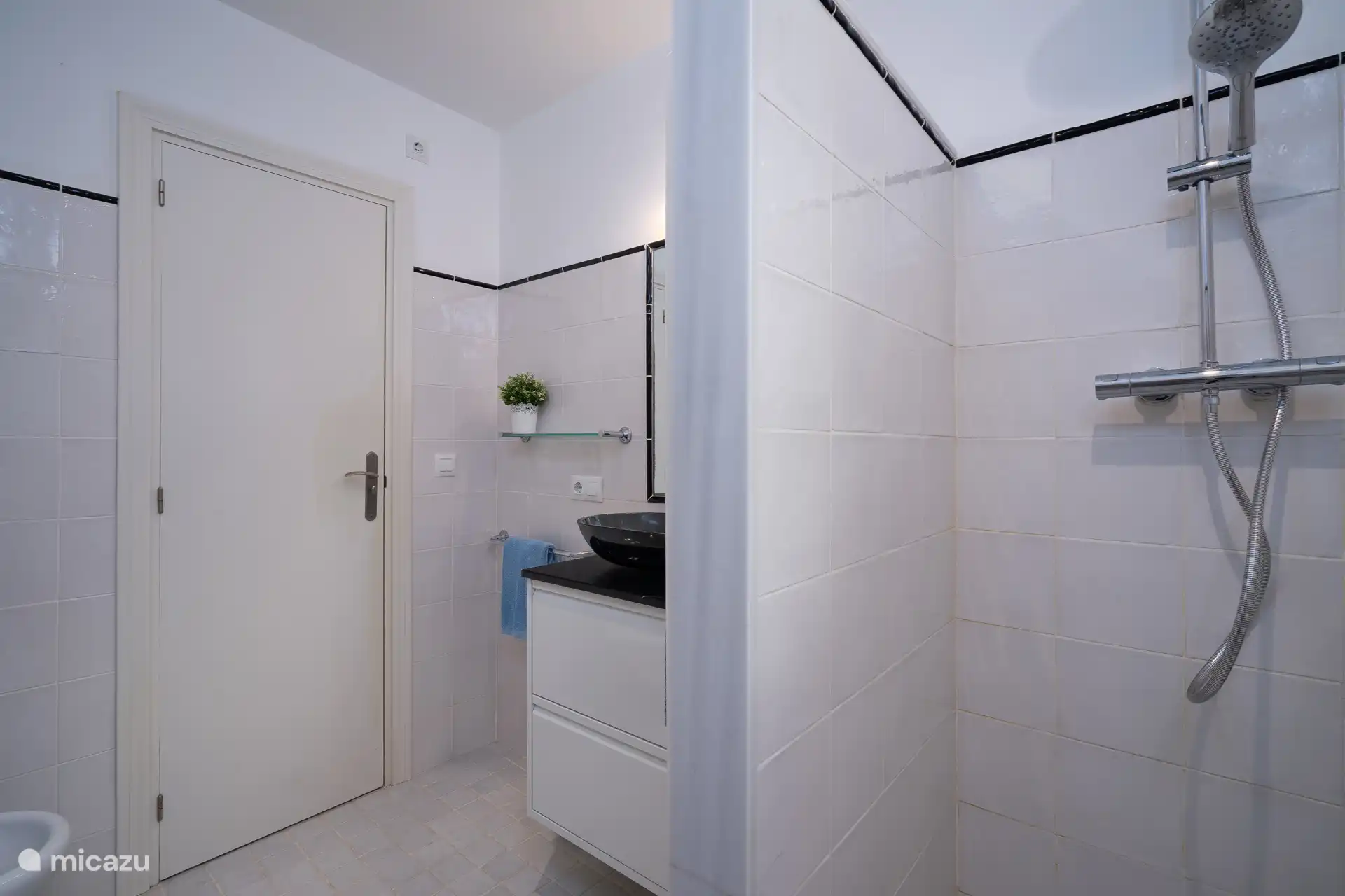 Badkamer met regendouche, toilet en wastafel.