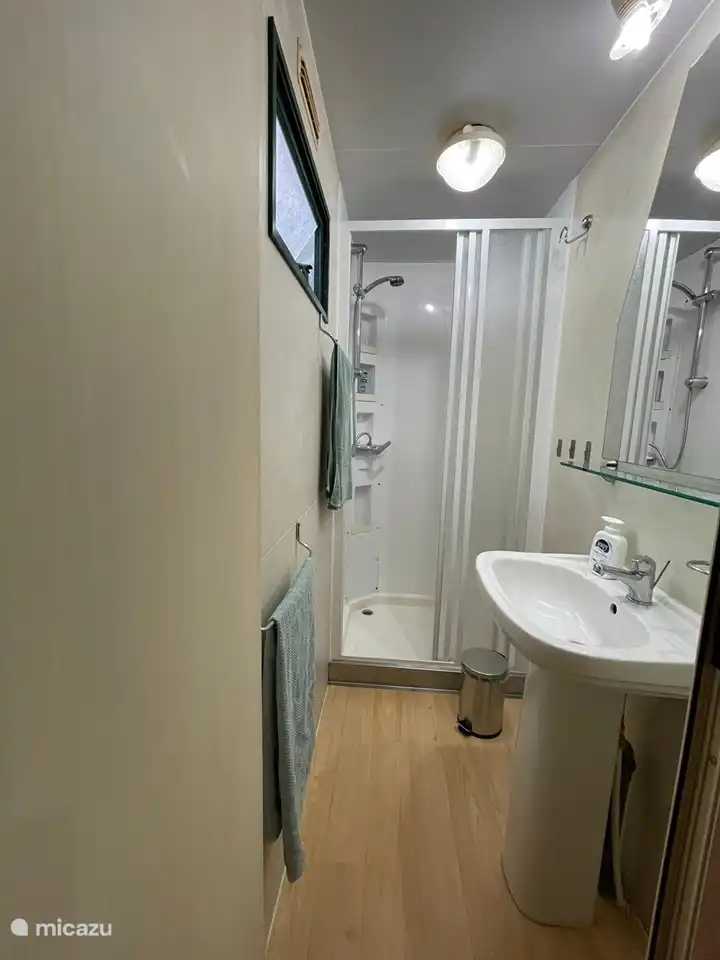 Badezimmer mit Dusche mit neuem Thermostathahn und Waschbecken