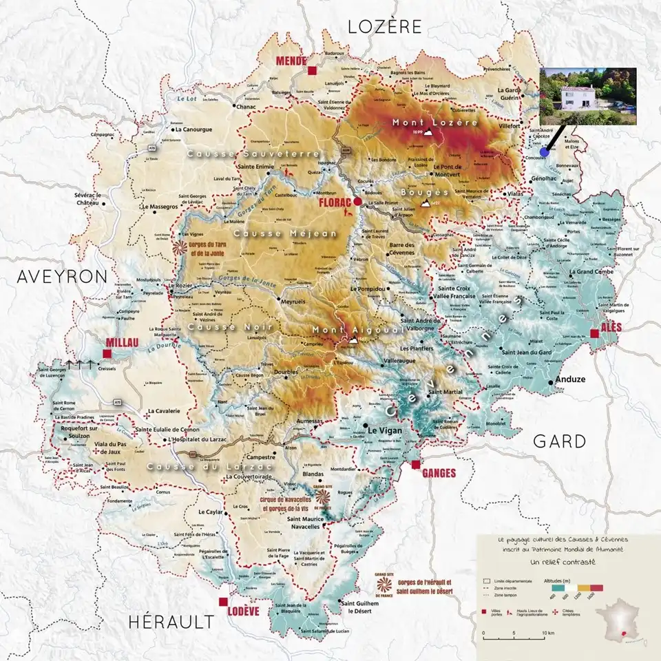 Ubicación de la casa en el mapa de las Cévennes. Casa está situada en el punto triangular de los departamentos de Gard, Lozere y Ardeche.