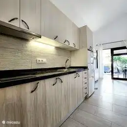 The kitchen equipped with electric hob, oven, microwave, blender, hand blender, plenty of kitchen utensils, glasses, plates, cutlery pans etc