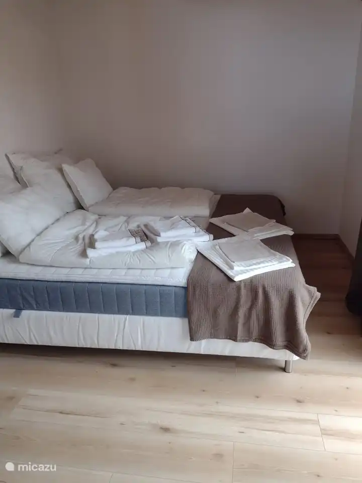 La chambre brune. Deux sommiers tapissiers qui forment un lit double avec un drap-housse. Cette chambre dispose de sa propre salle de bain ouverte et du grand balcon côté jardin. 