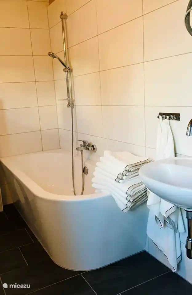 La grande baignoire dans la salle de bain attenante près de la chambre brune. 