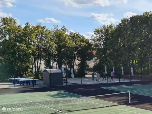 Village Le Chat 210 | France, Charente, Écuras - bungalow Courts de tennis avec un terrain de jeu de boule et des tables de ping-pong derrière eux