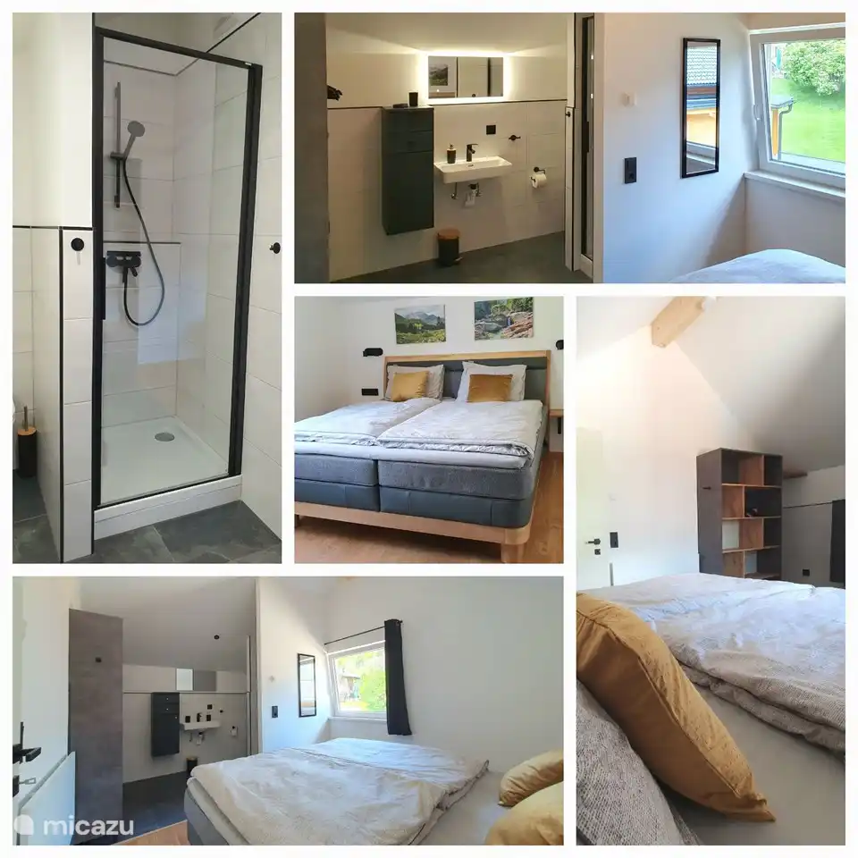 Un collage del dormitorio con baño en suite.