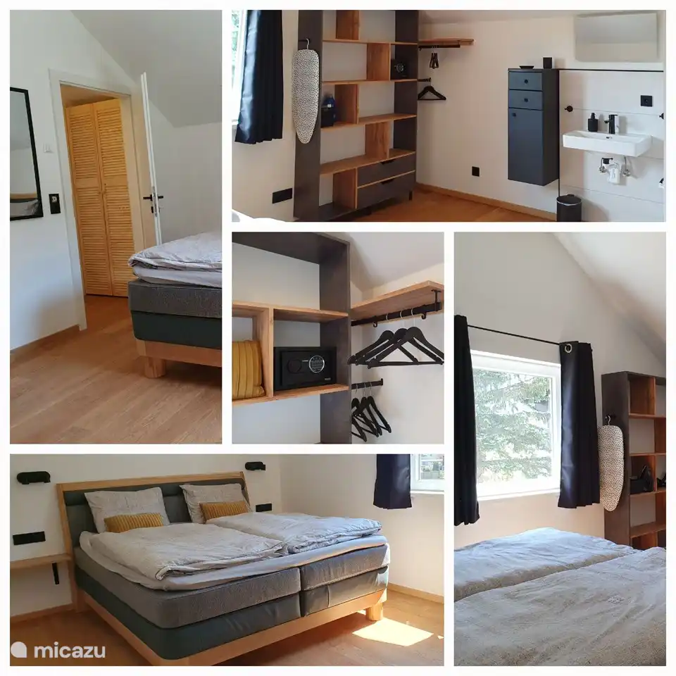 Un collage del dormitorio principal de la planta superior. Espacio suficiente incluso con lavadora y secadora.