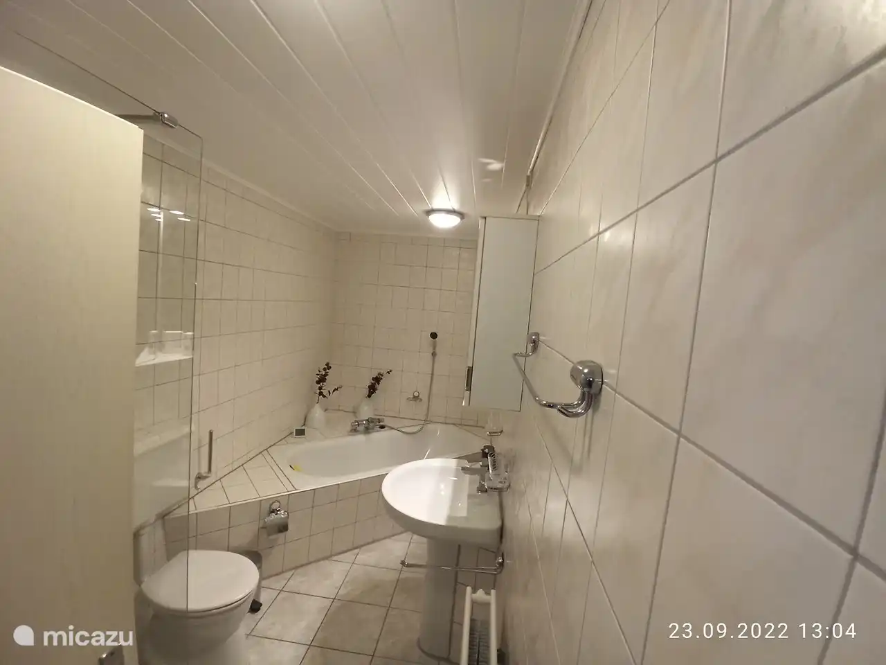 Geräumiges Bad mit Dusche und Badewanne.