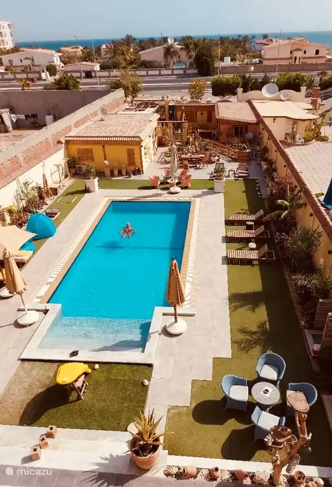 Swimming pool and garden seen from roof terrace.