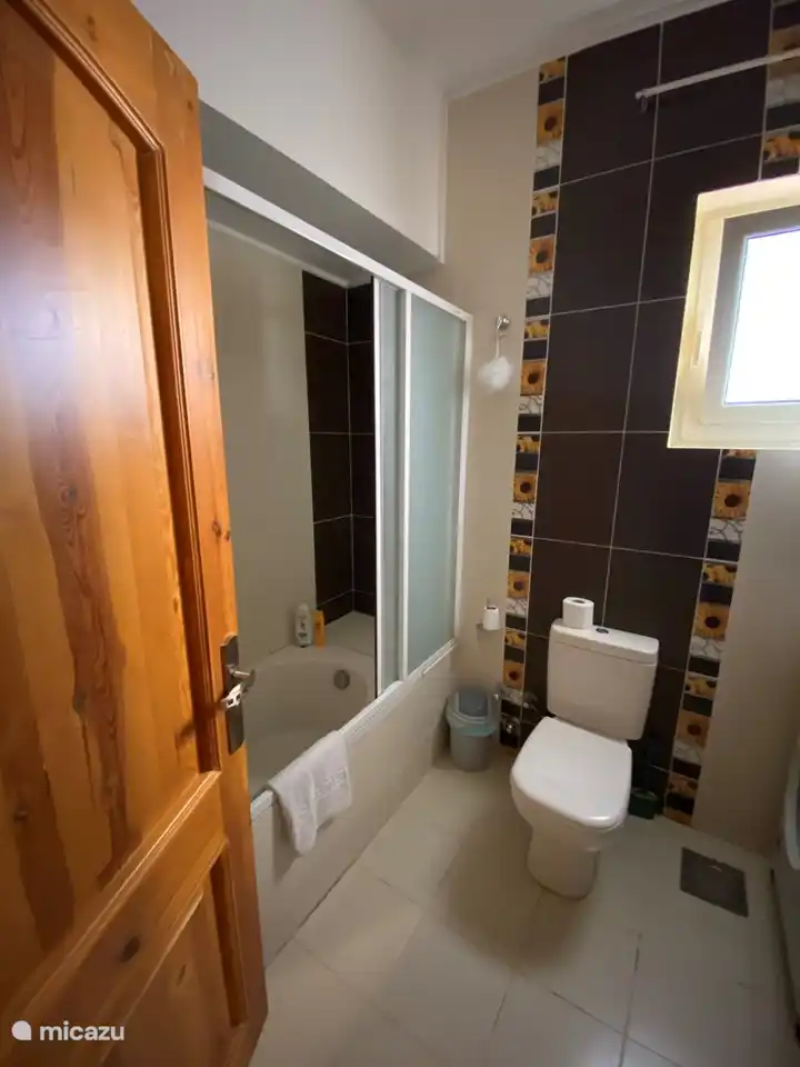 Spacious bathroom with bath/shower with shower screens, sink, toilet and washing machine.