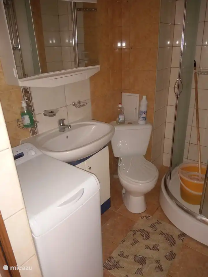 Wastafel  toilet met flush druk doorspoel bovenop.
achter de toilet bevind zich een kastje met een wit deurtje, hierachter bevind zich de hoofdkraan.