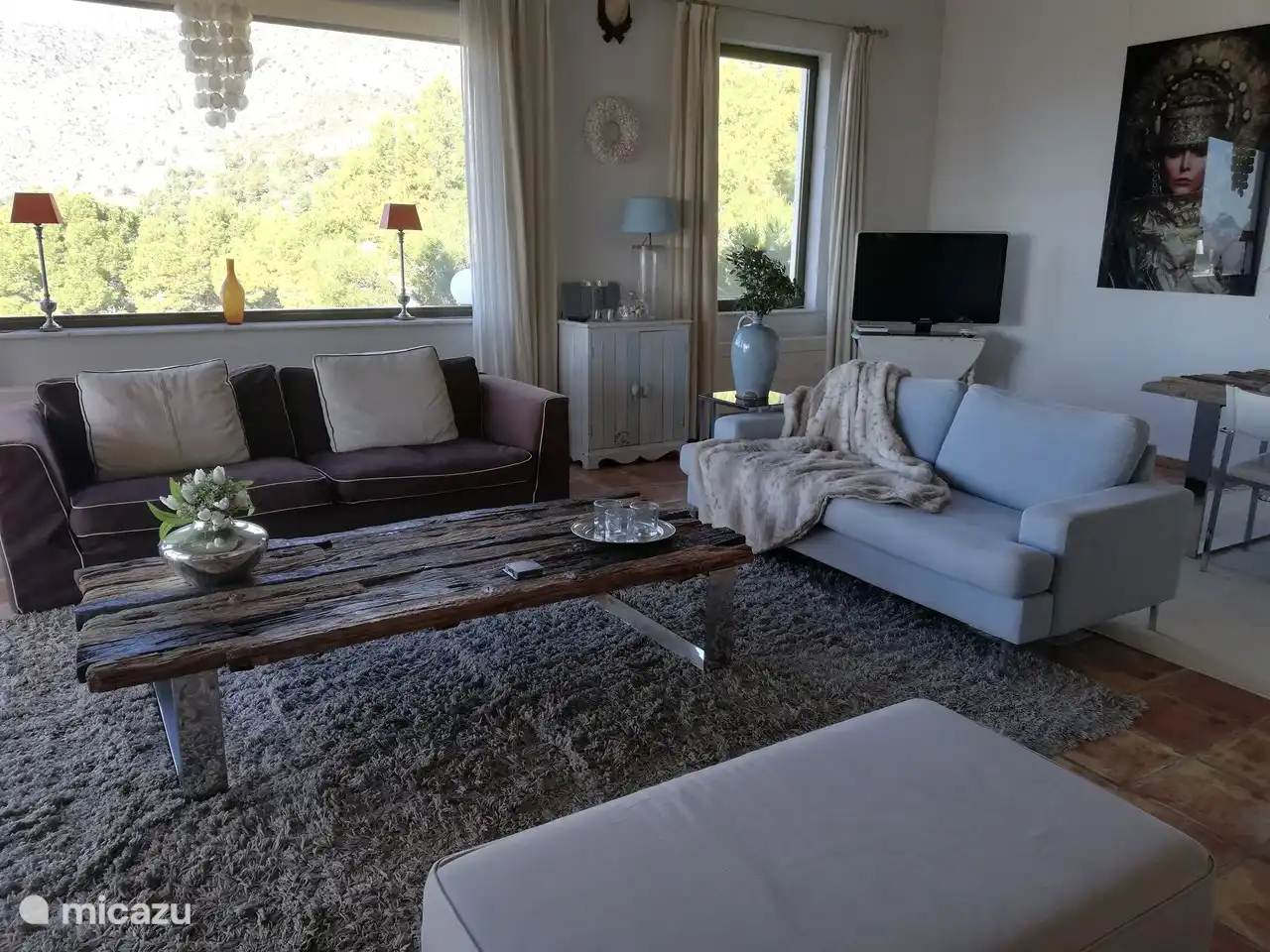 Salon avec plafond de 5 mètres de haut, chauffage central au gaz, climatisation et foyer au gaz.