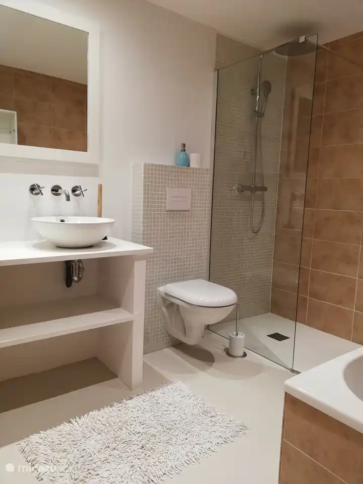 Nouvelle salle de bain moderne avec douche à l'italienne, toilettes, baignoire et 2 lavabos.