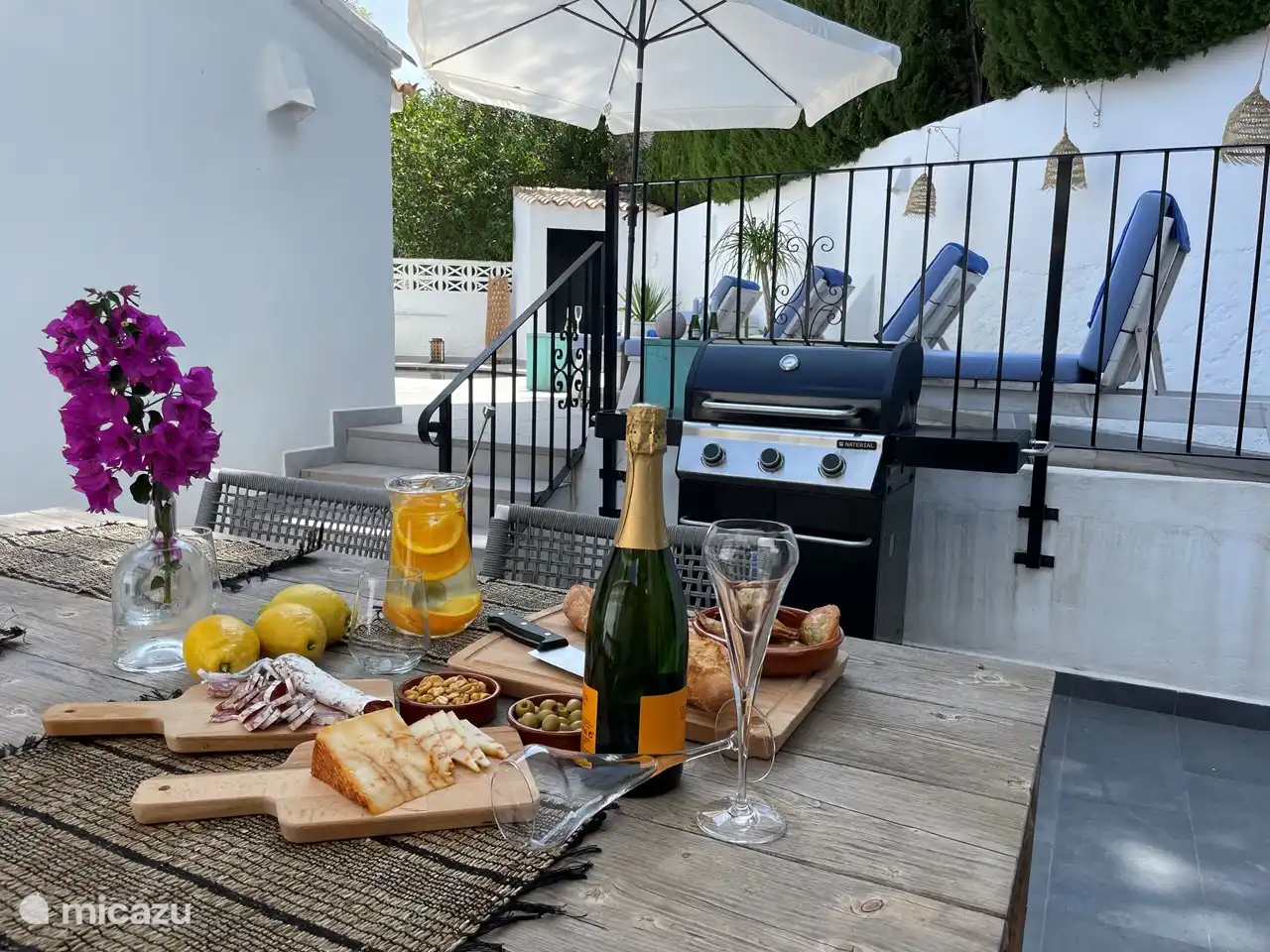 Terrasse avec barbecue avec coin repas avec 6 chaises. 
Dans la dépendance se trouve la machine à laver, la planche et le fer à repasser, les serviettes de bain et les oreillers pour les chaises longues. Aussi un frigo supplémentaire.