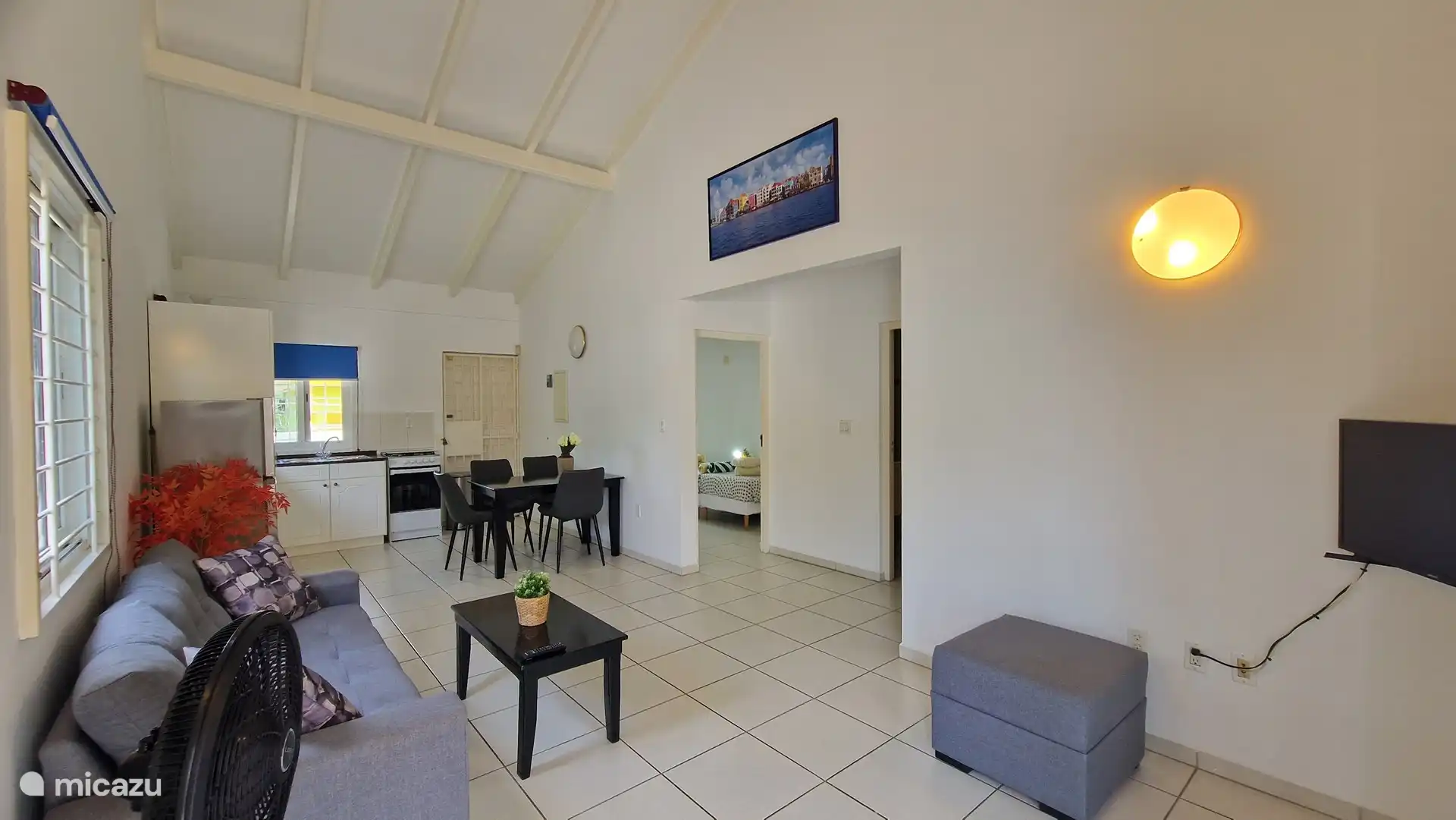 Living room and dining area/kitchen. 