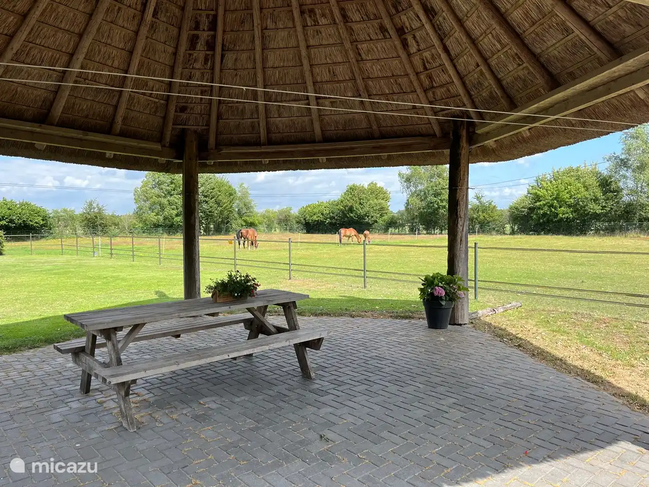 Schöner Platz unter dem Heuhaufen mit Blick auf die Wiese.