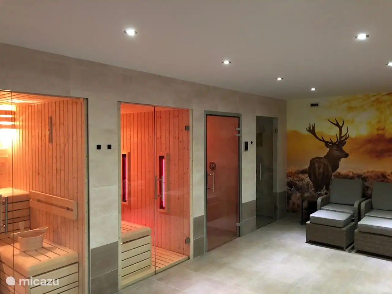 Geräumiger optionaler privater Wellnessbereich mit Doppelregendusche, Dampfkabine, finnischer Sauna, Infrarotsauna, Whirlpool, Fußbädern und Ruheraum.