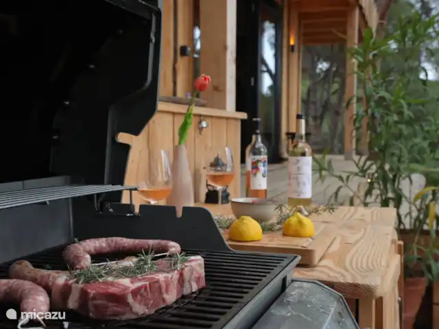 Houten villa op landgoed Barcelona  huren in Spanje, Barcelona, Sant Andreu de Llavaneres  - chalet BBQ met een glaasje