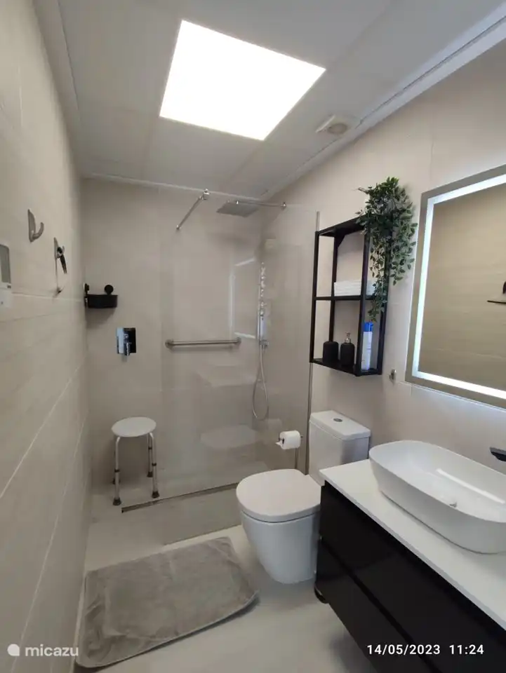 Badezimmer im Erdgeschoss mit beweglichem Stuhl und Haltegriff in der Dusche.