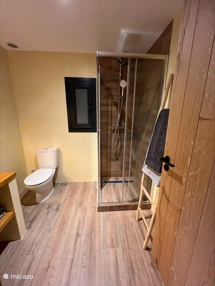 Ein kompaktes, aber dennoch erfrischendes Badezimmer mit einer bezaubernden kleinen Dusche, die dem Raum einen Hauch von Eleganz verleiht und für ein revitalisierendes und belebendes Badeerlebnis sorgt.