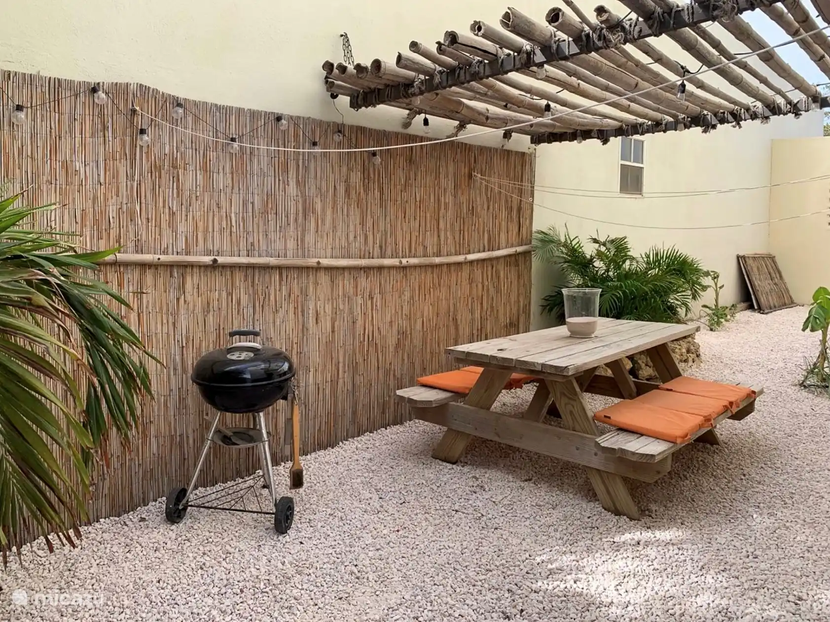 Een bbq area met bananendozen en lemongrass