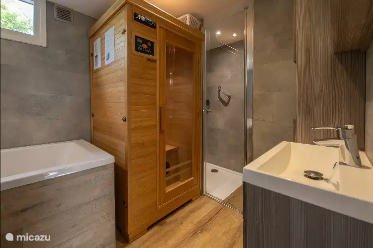 Badezimmer mit Sauna, Whirlpool und Dusche