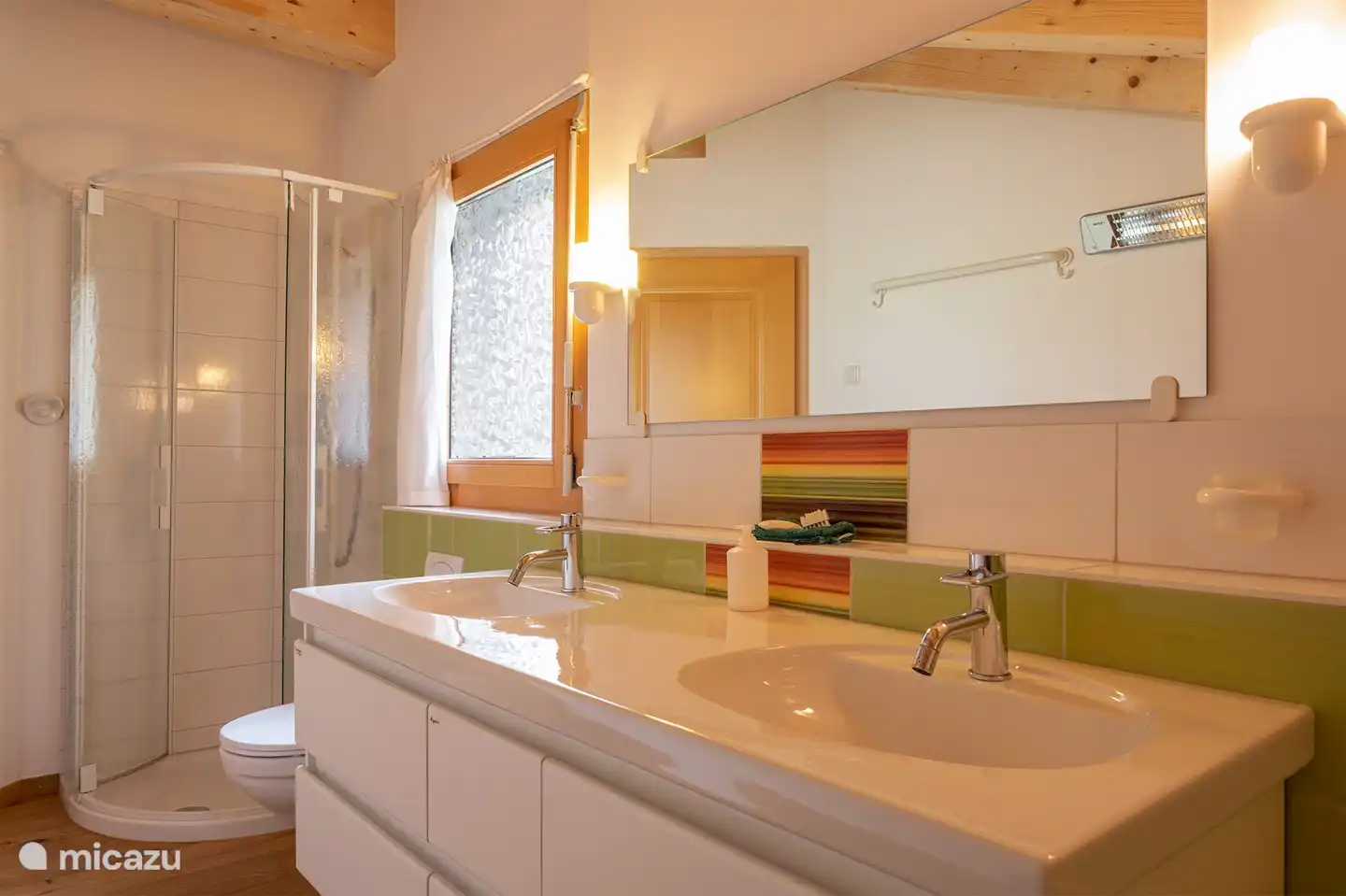 1 bathroom shower and toilet and sink.