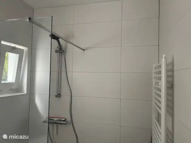 Bungalow de luxe en pleine nature | Pays-Bas, Limbourg, Posterholt - maison de vacances Salle de bain compacte avec douche, chauffage et lavabo.