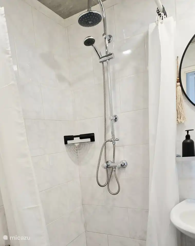 Dusche mit Regendusche und Handbrause. Mit Ablagefach für Duschutensilien.