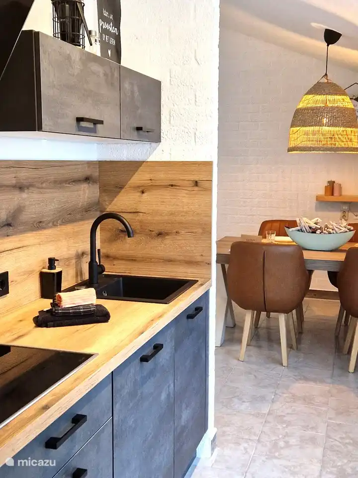 Neue Küche mit Induktion, Dunstabzugshaube, Geschirrspüler, großer Kühl- und Gefrierkombination. Großer Backofen, Mikrowelle sowie diverse Kaffeemaschinen und Wasserkocher.