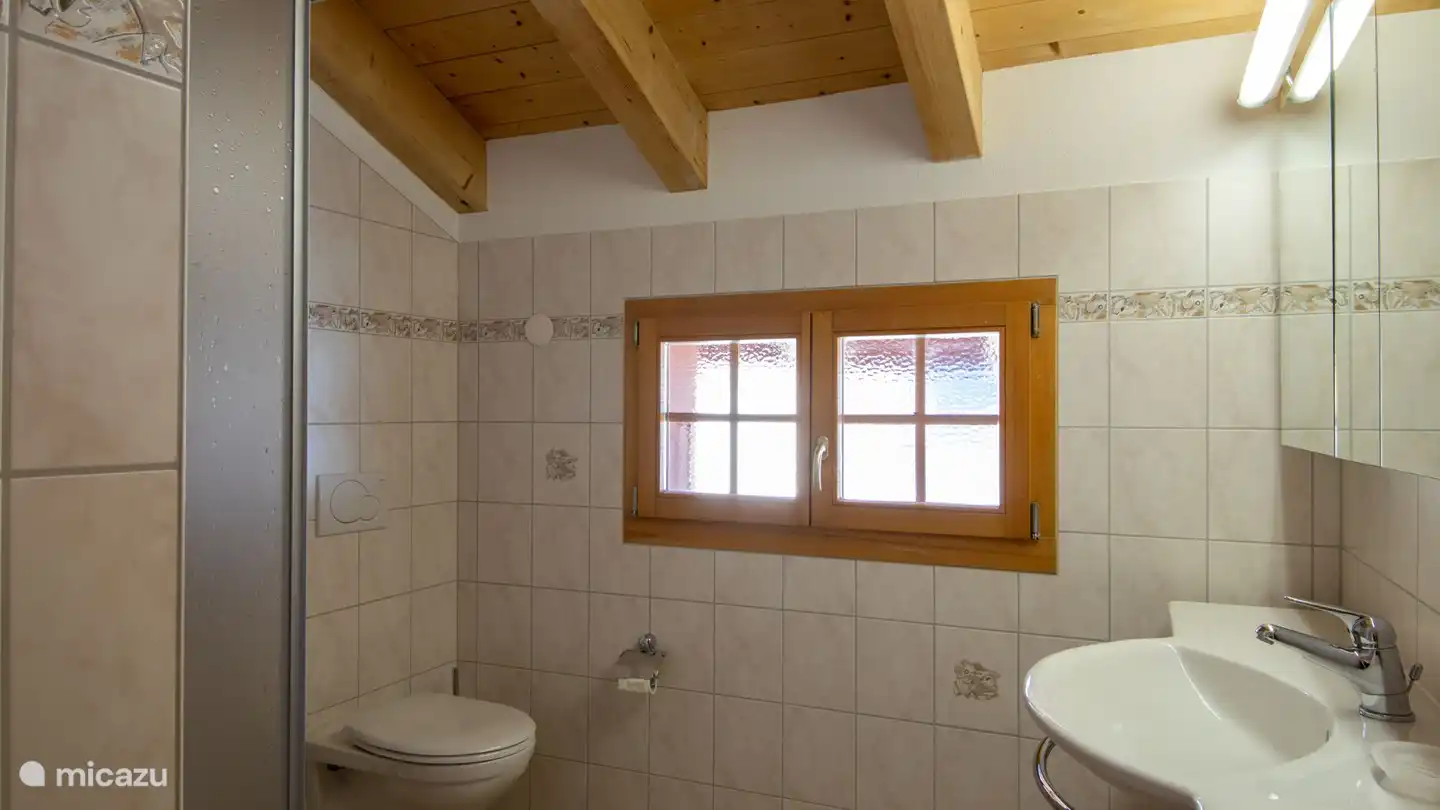 There is a bathroom with a shower, sink and toilet